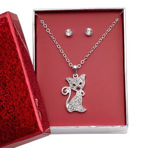 Necklace and earring set, glass rhinestone / silver-finished brass / steel / "pewter" (zinc-based alloy), clear, 27x18mm cat, 15" to 16" necklace with 3-inch extender chain and lobster claw clasp, 5mm round with post. Sold per set.