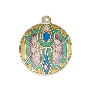 Drop, enamel and gold-finished brass, multicolored, 25-26mm single-sided flat round with goddess design. Sold per pkg of 2.