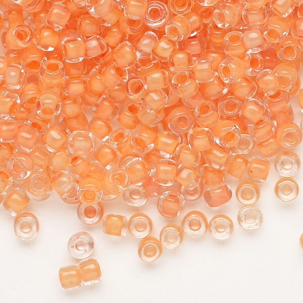 Seed bead, Dyna-Mites™, glass, translucent inside color tangerine, #6 round. Sold per 40-gram pkg. image number 0