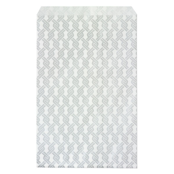 Bag, paper, white and silver, 9x6 inch rectangle with chainlink-print and scalloped top edge. Sold per pkg of 100. image number 0