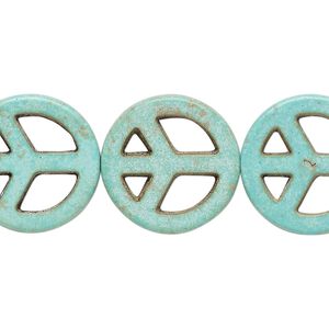 Bead, "howlite" (resin) (imitation), aqua green, 20mm peace sign. Sold per 15-inch strand.