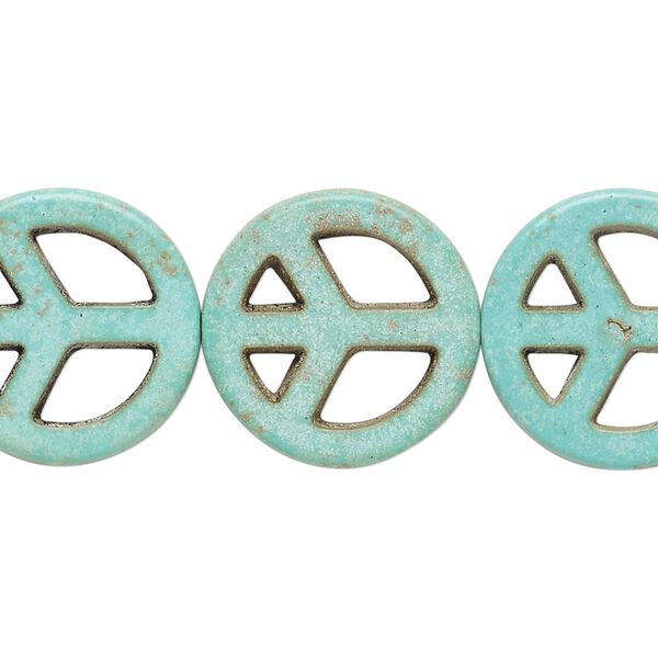Bead, "howlite" (resin) (imitation), aqua green, 20mm peace sign. Sold per 15-inch strand. image number 0