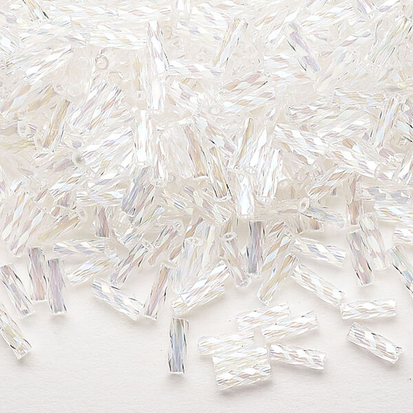 Bugle bead, Dyna-Mites™, glass, translucent rainbow clear, 6mm twisted. Sold per 50-gram pkg. image number 0