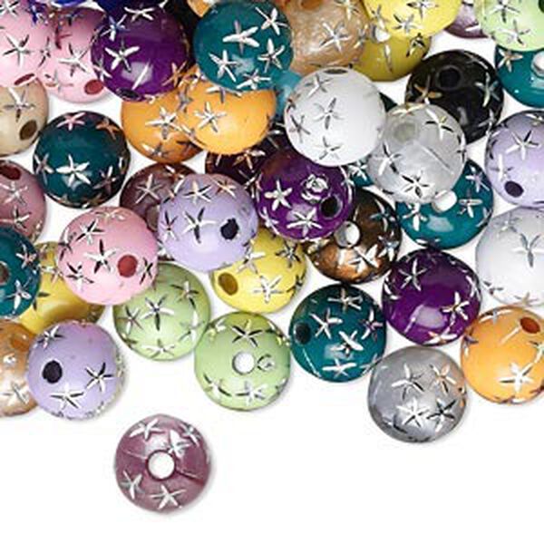 Bead mix, acrylic, mixed colors, 8mm round with stars. Sold per 75-gram pkg, approximately 250-275 beads. image number 0