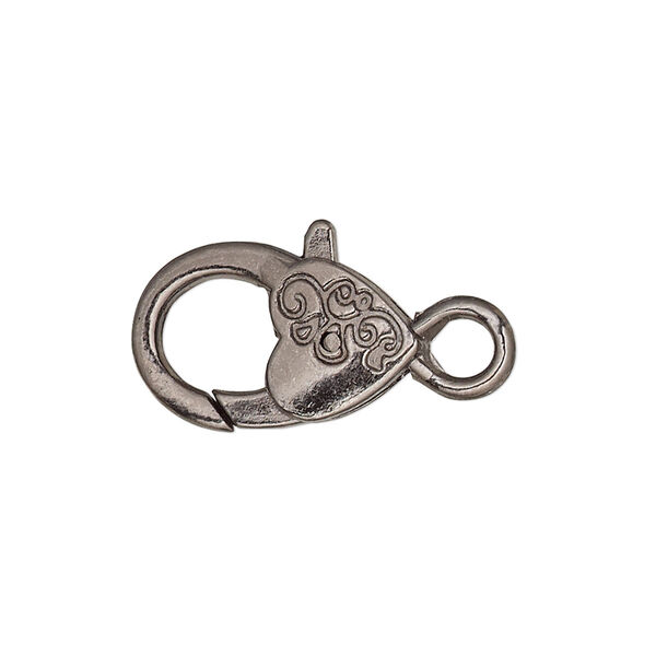 Clasp, lobster claw, gunmetal-plated "pewter" (zinc-based alloy), 19.5x12.5mm with double-sided swirl heart design. Sold per pkg of 6. image number 0