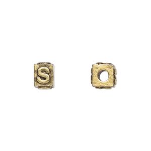 Bead, antique gold-plated pewter (tin-based alloy), 8x6mm rectangle with alphabet letter "S." Sold per pkg of 4.
