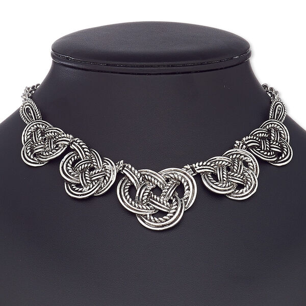 Necklace, antique silver-coated plastic with antique silver-plated steel and "pewter" (zinc-based alloy), knots, 16 inches with 2-1/2 inch extender chain and lobster claw clasp. Sold individually. image number 0