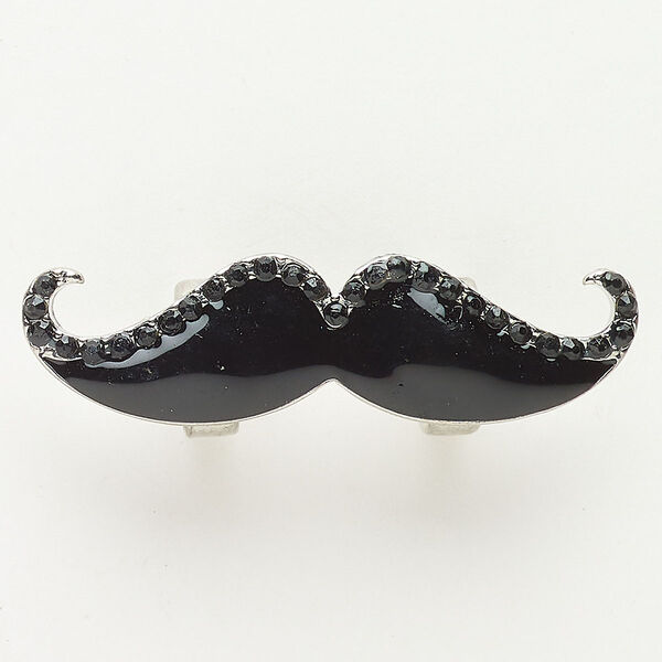 Bead, slide, brass / glass / enamel, pkg/1, 49x14mm mustache with 2 loops, antique silver finish and black. image number 0