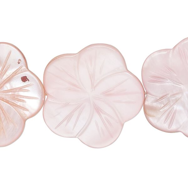 Bead, mother-of-pearl shell (dyed), pale blush, 24x23mm-26x25mm carved flat flower with 0.6-0.8mm hole, Mohs hardness 3-1/2. Sold per 15-inch strand. image number 0
