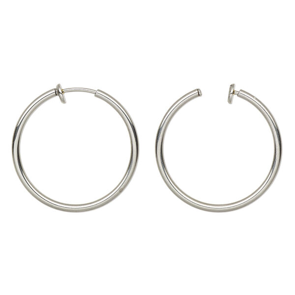 Earring, stainless steel, 31x2mm round hoop with pierced-look spring closure. Sold per pair. image number 0