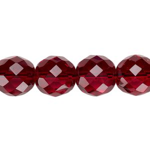 Bead, Czech fire-polished glass, pkg/15-1/2 to 16 inches, 12mm faceted round, transparent garnet red, (90110).