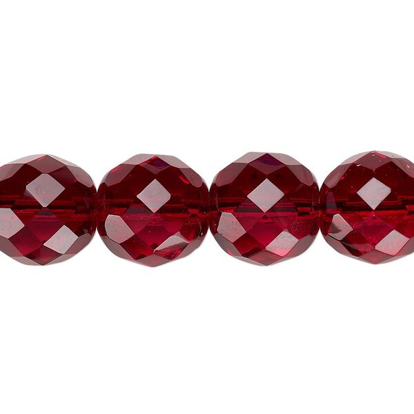 Bead, Czech fire-polished glass, pkg/15-1/2 to 16 inches, 12mm faceted round, transparent garnet red, (90110). image number 0