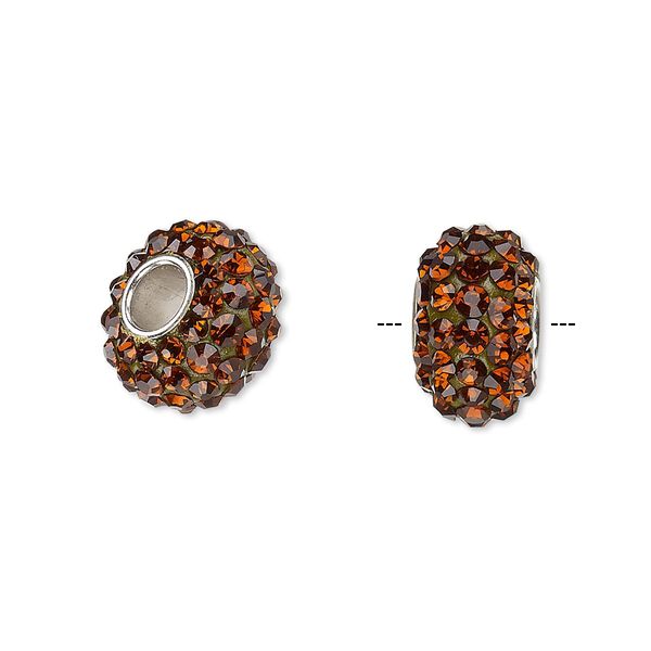 Bead, Dione®, Czech glass rhinestone / epoxy / imitation rhodium-plated brass grommet, root beer, 13x8mm-14x8mm rondelle, 4.5mm hole. Sold individually. image number 0