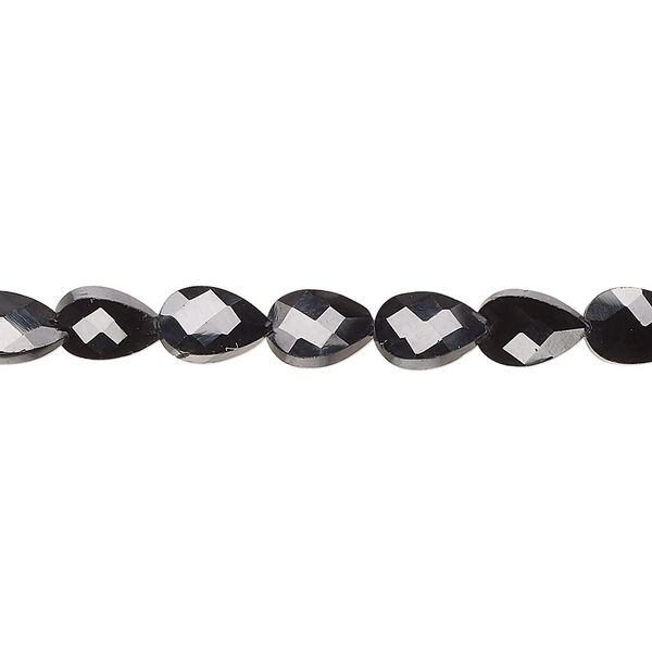 Bead, black spinel (natural), 6x4mm-8x5mm hand-cut faceted puffed teardrop, B+ grade, Mohs hardness 8. Sold per 13-inch strand, approximately 45 beads. image number 0