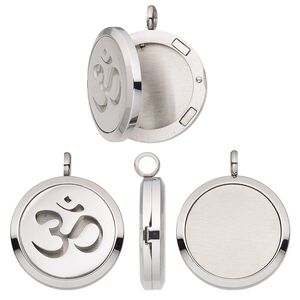 Pendant, stainless steel, 37x30mm single-sided hinged round locket with cutout Om design and magnetic closure. Sold individually.