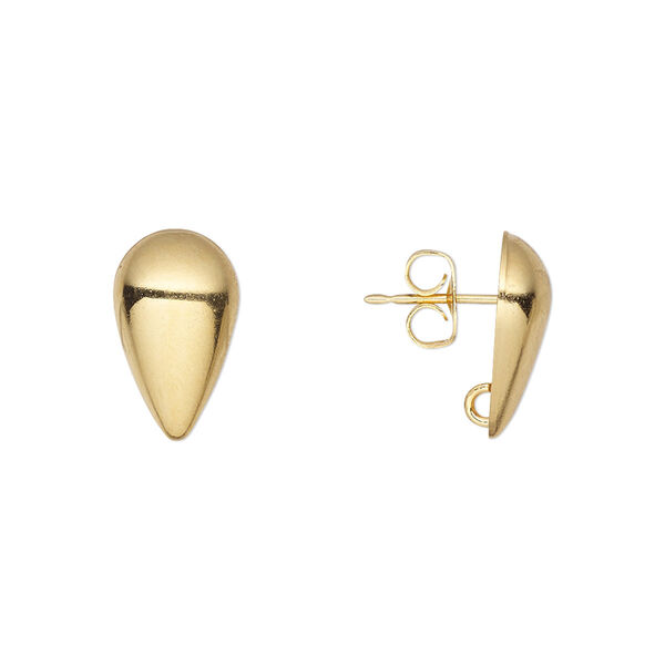 Earstud, gold-plated brass, 14x8.5mm half-dome teardrop with open loop. Sold per pkg of 5 pairs. image number 0