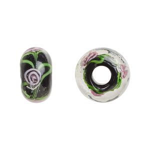 Bead, lampworked glass, opaque black and multicolored, 16x9mm rondelle with rose. Sold per pkg of 4.