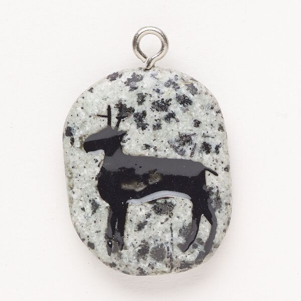 Focal, steel/sesame jasper (natural)/enamel, pkg/1, silver finish and black, 30x24mm-39x27mm puffed freeform with deer. image number 0