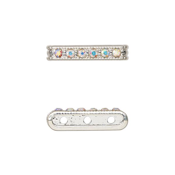 Spacer bar, silver-finished "pewter" (zinc-based alloy) and glass, clear AB , 20.5x4mm, 3-strand with crystals on one side, fits up to 6mm beads. Sold per pkg of 6. image number 0