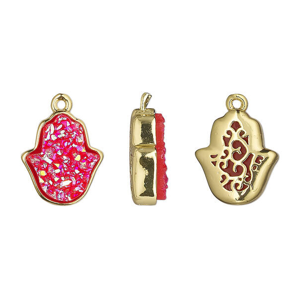 Drop, Druzylite™, "druzy" (resin) and gold-finished brass, hot pink, 14x12.5mm two-sided Hamsa hand with open filigree back. Sold per pkg of 4. image number 0