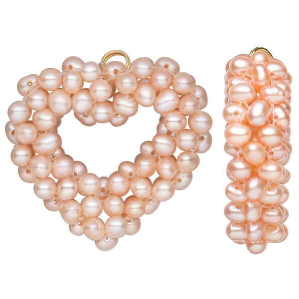 Focal, cultured freshwater pearl and gold-finished steel split ring, peach, 35x33mm open heart. Sold individually. image number 0