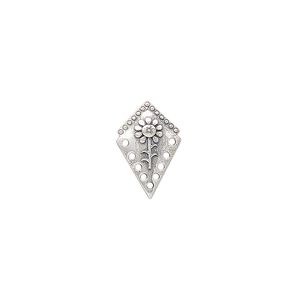 Drop, antiqued sterling silver, pkg/1, 14x9.5mm single-sided domed kite with flower design.