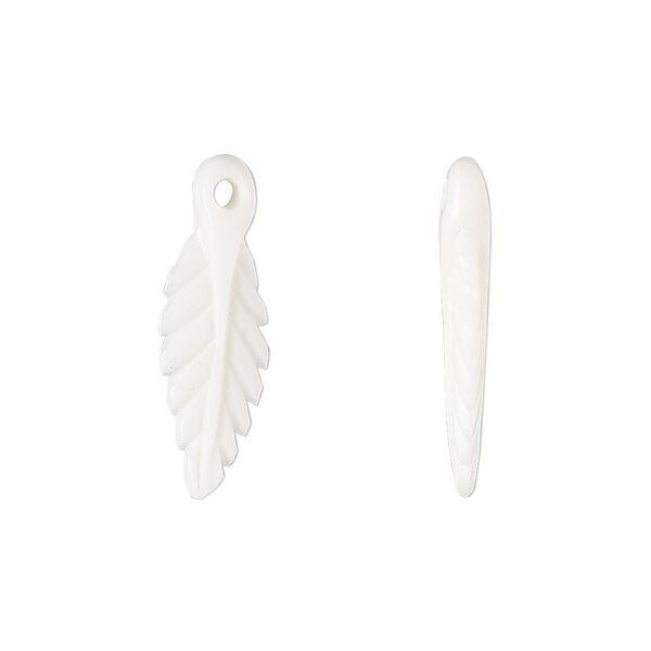 Drop, bone (bleached), white, 22x7mm hand-carved double-sided feather, Mohs hardness 2-1/2. Sold per pkg of 2. image number 0