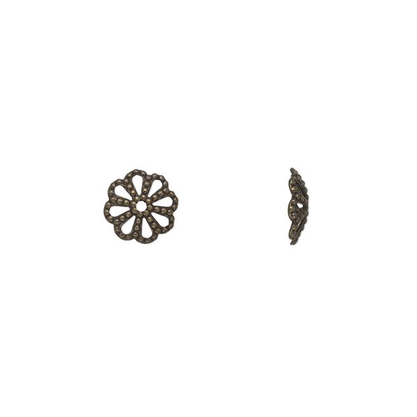 Bead cap, antique gold-plated brass, stamped, 8x2mm fancy round with cutout pattern, fits 8-10mm bead. Sold per pkg of 100. image number 0