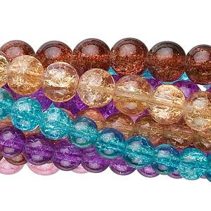 Bead mix, coated crackle glass, mixed colors, 6-8mm round. Sold per pkg of (10) 30-inch strands.