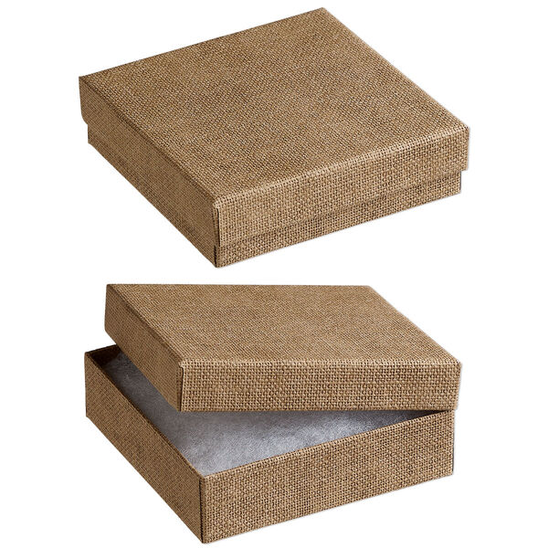 Box, paper and polyester, "cotton"-filled, brown, 3-1/2 x 3-1/2 x 1-inch square with linen texture. Sold per pkg of 10. image number 0