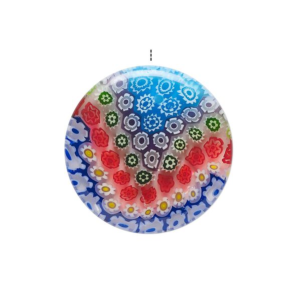 Drop, millefiori glass, translucent multicolored, 24-26mm top-drilled puffed flat round with flower design. Sold individually. image number 0