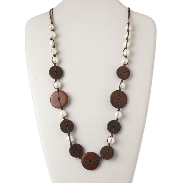 Necklace, wood (dyed) / plastic / waxed cotton cord, white / brown / light brown, 30mm flat round, adjustable up to 48 inches. Sold individually. image number 0