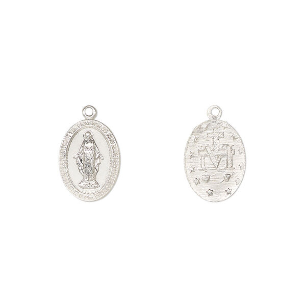 Drop, sterling silver, 12x9mm two-sided oval with Mother Mary. Sold individually. image number 0