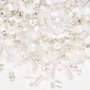 Seed bead mix, Preciosa Czech glass, pkg/50g, 5x2mm round tube, opaque and translucent clear and white.