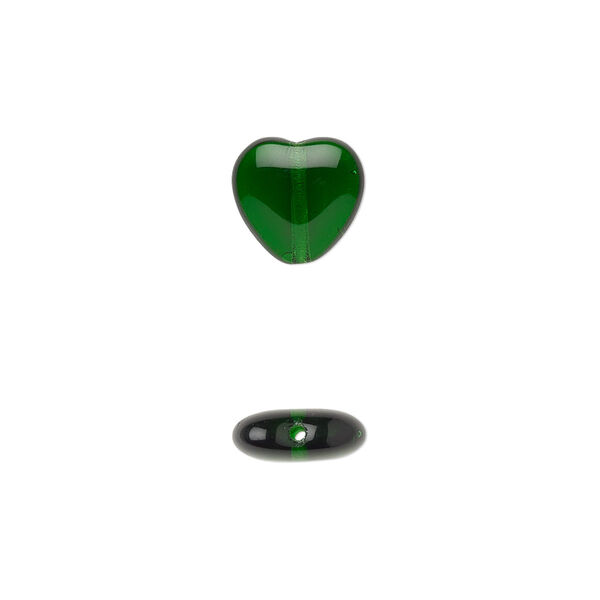 Bead, Czech pressed glass, emerald green, 10x9.5mm heart. Sold per 15-1/2" to 16" strand, approximately 45 beads. image number 0