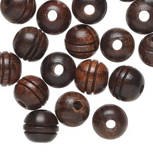 Bead, wood (natural), brown, 9-10mm round with carved double lines. Sold per pkg of 20.