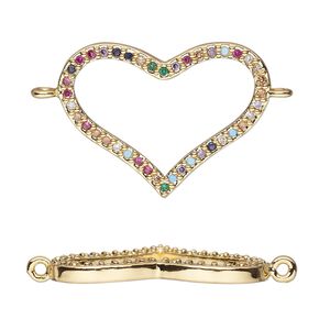 Link, cubic zirconia and gold-finished brass, multicolored, 24.5x18mm single-sided open heart. Sold individually.