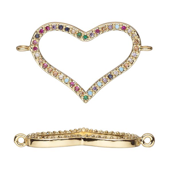 Link, cubic zirconia and gold-finished brass, multicolored, 24.5x18mm single-sided open heart. Sold individually. image number 0