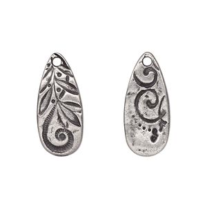 Drop, TierraCast®, "Vida Mas Dulce" collection, antiqued pewter (tin-based alloy), 23x10mm two-sided teardrop with jardin design. Sold per pkg of 20.