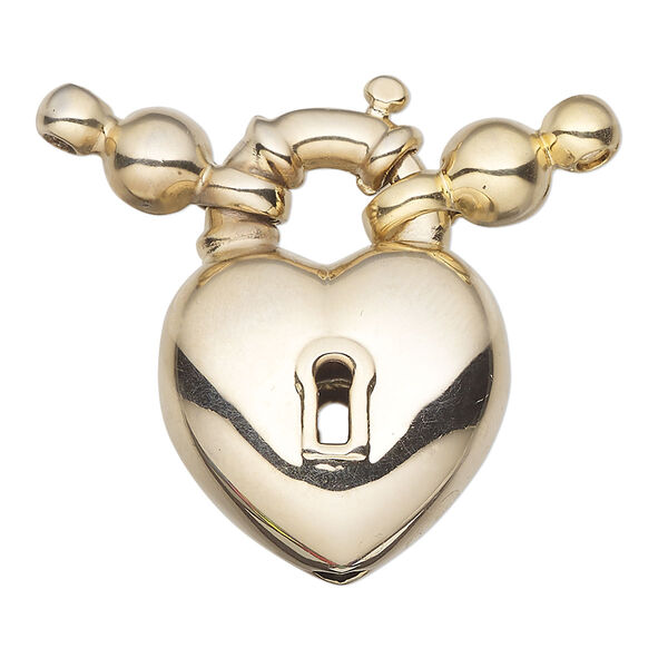 Clasp, springring, gold-finished brass, 39x30mm-40x31mm heart locket. Sold individually. image number 0