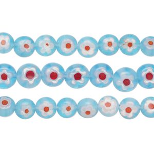 Bead mix, millefiori glass, translucent light blue/ orange / multicolored, 6-7mm puffed flat round with flower design. Sold per pkg of (3) 14-inch strands, approximately 200 beads.