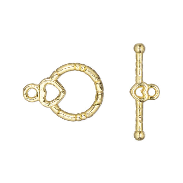Clasp, toggle, gold-finished "pewter" (zinc-based alloy), 12.5mm beaded round with open heart design. Sold per pkg of 10. image number 0