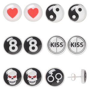 Earstud, sterling silver and acrylic, black / white / red, 11mm round with mixed designs. Sold per pkg of 6 pairs.