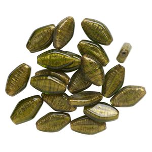 Bead, lampworked glass, translucent moss green, 31x18mm-33x19mm flat marquise with copper-colored glitter. Sold per pkg of 20.