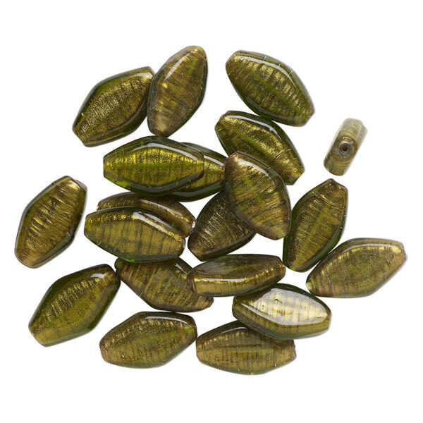 Bead, lampworked glass, translucent moss green, 31x18mm-33x19mm flat marquise with copper-colored glitter. Sold per pkg of 20. image number 0