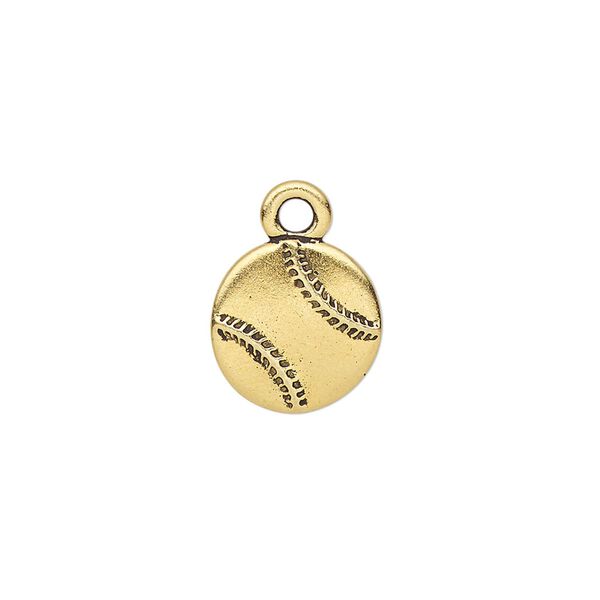 Charm, TierraCast®, antique gold-plated pewter (tin-based alloy), 13mm double-sided baseball. Sold per pkg of 2. image number 0