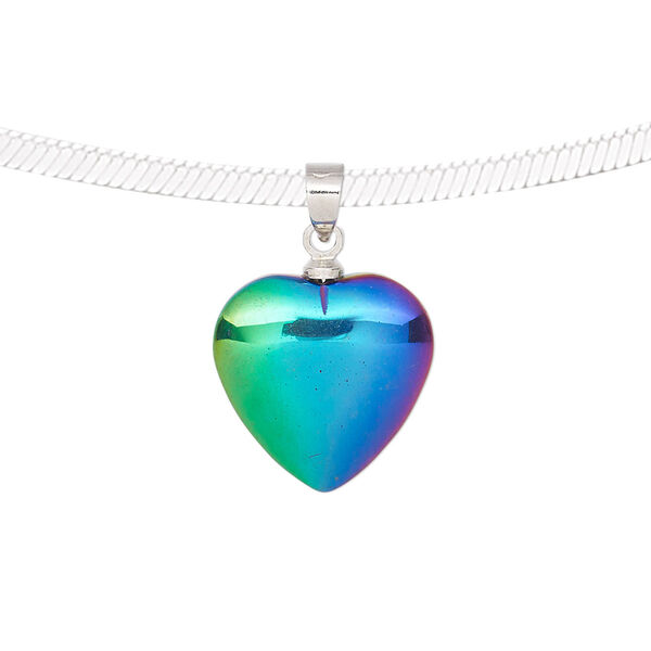 Pendant, electroplated Hemalyke™ (man-made) and silver-finished brass, rainbow, 22x15mm double-sided heart. Sold individually. image number 0