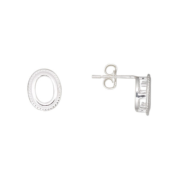 Earstud, sterling silver, 10x8mm rope-edged oval with 7x5mm oval setting. Sold per pair. image number 0