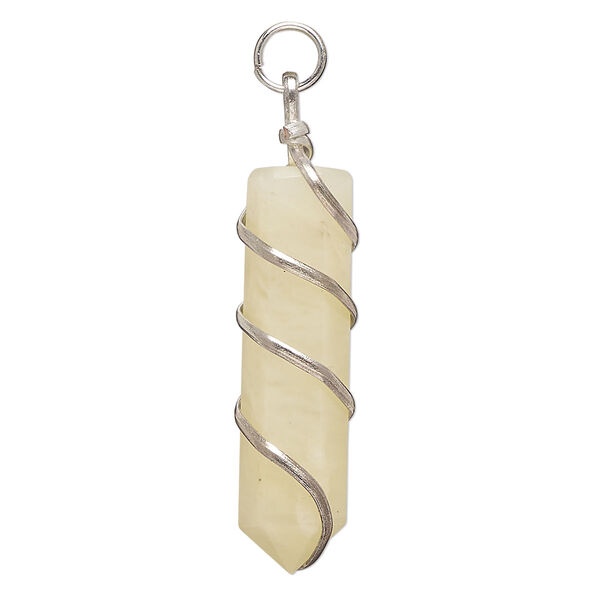 Pendant, yellow quartz (natural) and silver-finished copper, 35x10mm wrapped point. Sold individually. image number 0