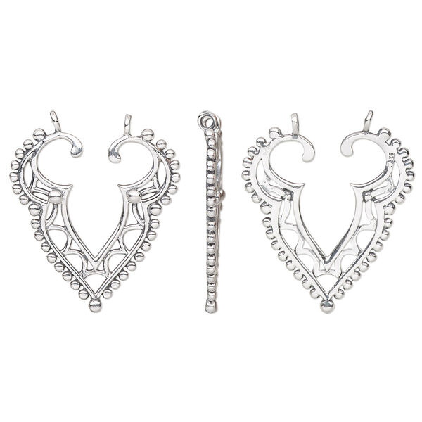 Connector, antiqued sterling silver, 25x22.5mm open beaded heart. Sold individually. image number 0